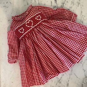 Designer Valentines dress from Paris. Smocked white hearts on red checker. 6mo